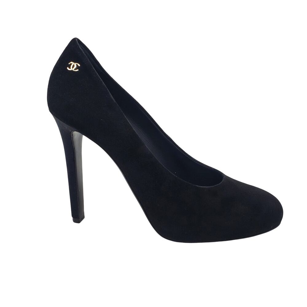 Chanel 2018 Interlocking CC Logo Pumps High Heel Suede Leather Black 39.5 US 9.5
